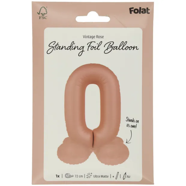 Staande Folieballon Cijfer 0 - Vintage Rose - Ultra Matt - 72 cm