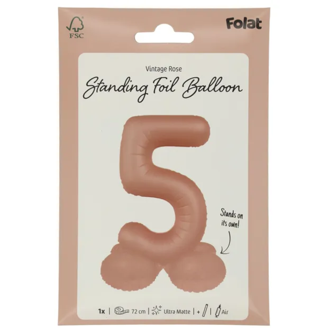 Staande Folieballon Cijfer 5 - Vintage Rose - Ultra Matt - 72 cm