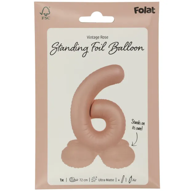Staande Folieballon Cijfer 6 - Vintage Rose - Ultra Matt - 72 cm