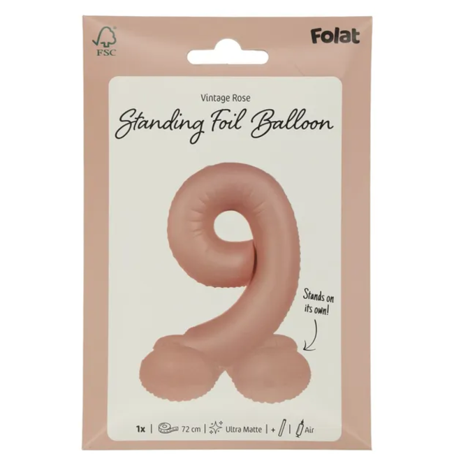 Staande Folieballon Cijfer 9 - Vintage Rose - Ultra Matt - 72 cm