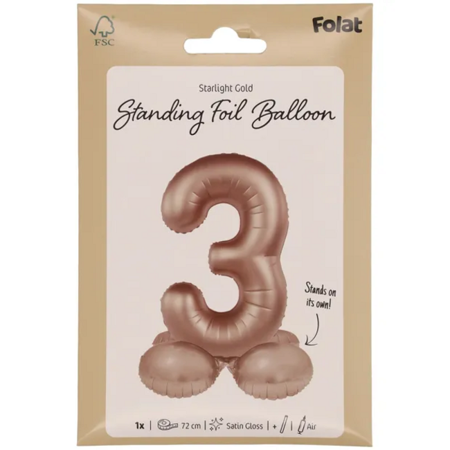 Staande Folieballon Cijfer 3 - Starlight Gold - Satin Gloss - 72 cm