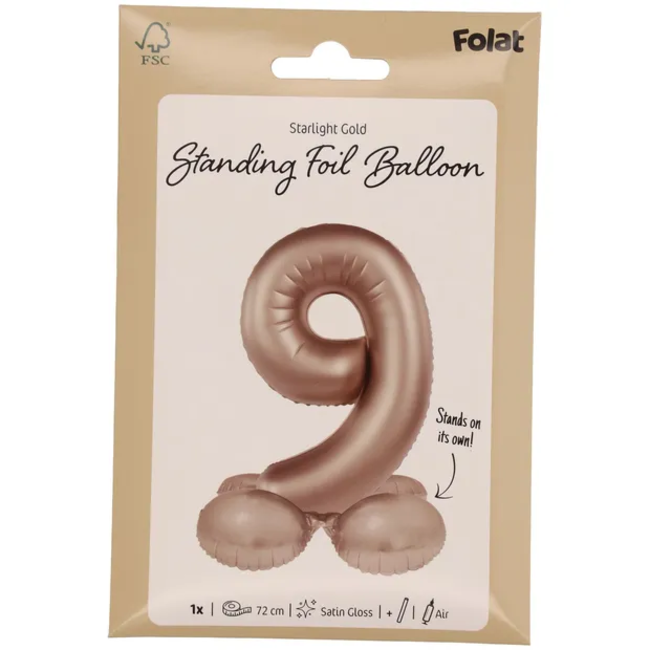 Staande Folieballon Cijfer 9 - Starlight Gold - Satin Gloss - 72 cm