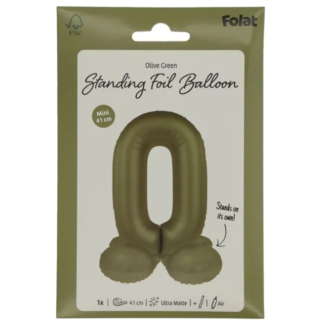 Staande Folieballon Cijfer 0 - Olive Green - Ultra Matt - 41 cm