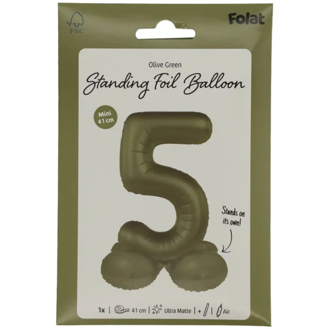 Staande Folieballon Cijfer 5 - Olive Green - Ultra Matt - 41 cm
