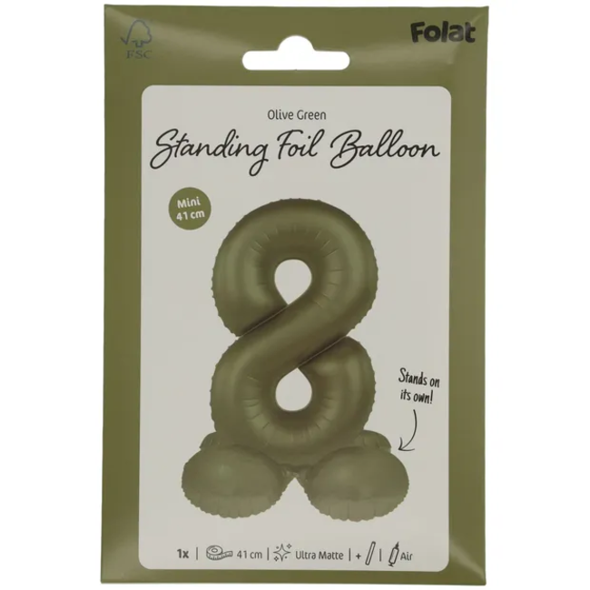 Staande Folieballon Cijfer 8 - Olive Green - Ultra Matt - 41 cm