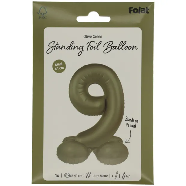 Staande Folieballon Cijfer 9 - Olive Green - Ultra Matt - 41 cm