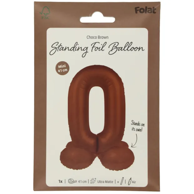 Staande Folieballon Cijfer 0 - Chocolade Bruin - Ultra Matt - 41 cm