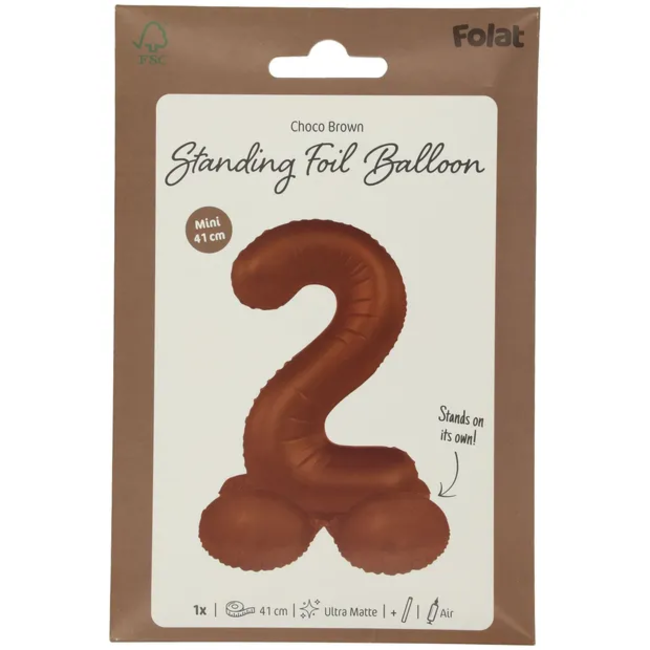 Staande Folieballon Cijfer 2 - Chocolade Bruin - Ultra Matt - 41 cm