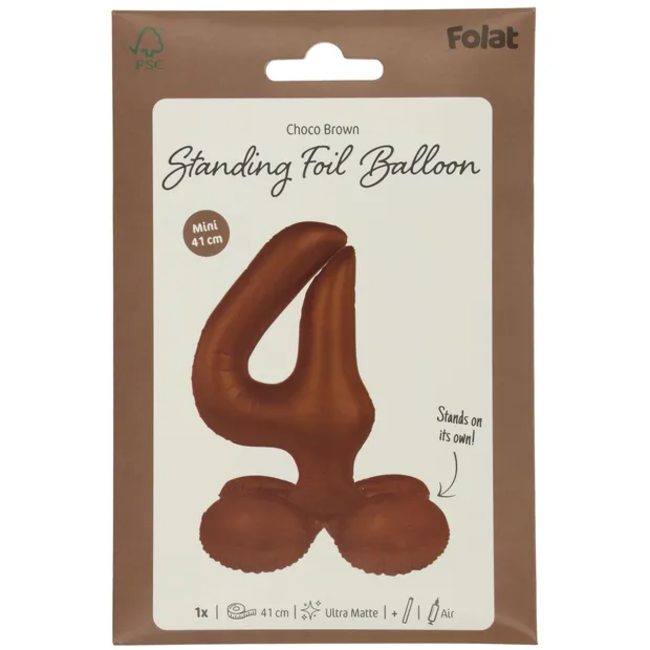 Staande Folieballon Cijfer 4 - Chocolade Bruin - Ultra Matt - 41 cm