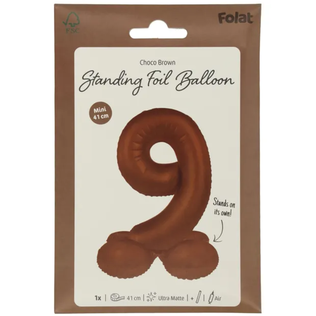 Staande Folieballon Cijfer 9 - Chocolade Bruin - Ultra Matt - 41 cm
