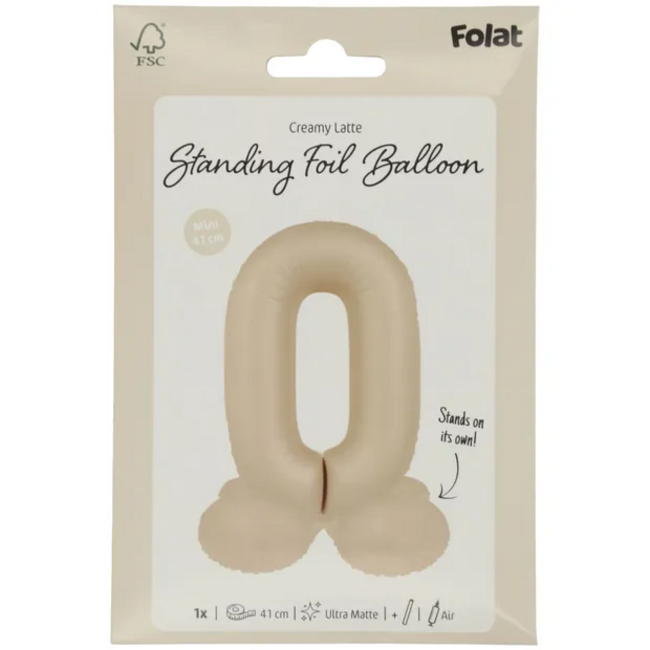 Staande Folieballon Cijfer 0 - Creamy Latte - Ultra Matt - 41 cm
