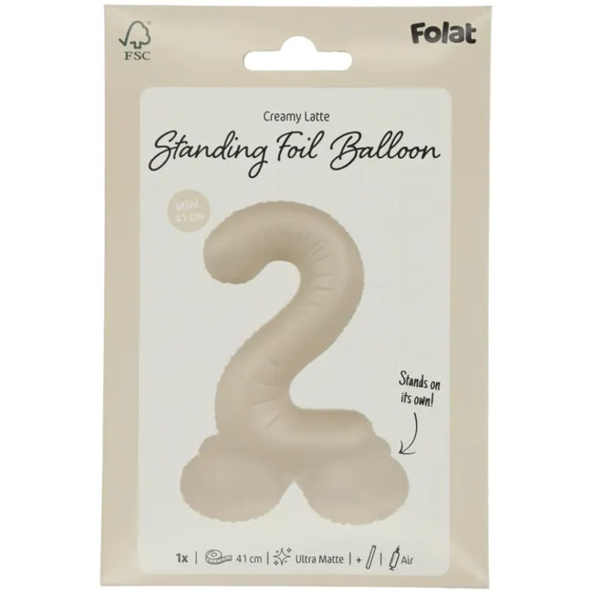 Staande Folieballon Cijfer 2 - Creamy Latte - Ultra Matt - 41 cm