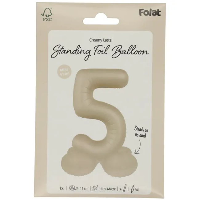 Staande Folieballon Cijfer 5 - Creamy Latte - Ultra Matt - 41 cm