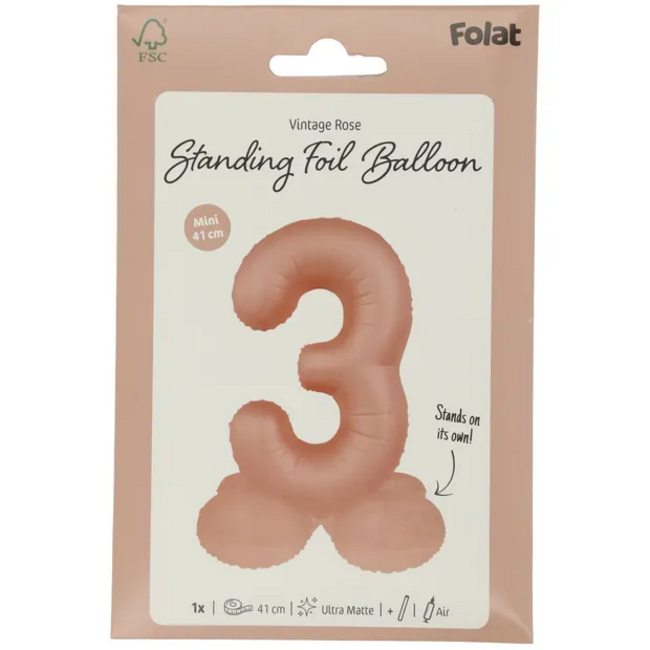 Staande Folieballon Cijfer 3 - Vintage Rose - Ultra Matt - 41 cm