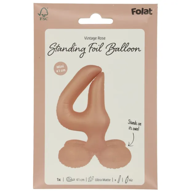 Staande Folieballon Cijfer 4 - Vintage Rose - Ultra Matt - 41 cm