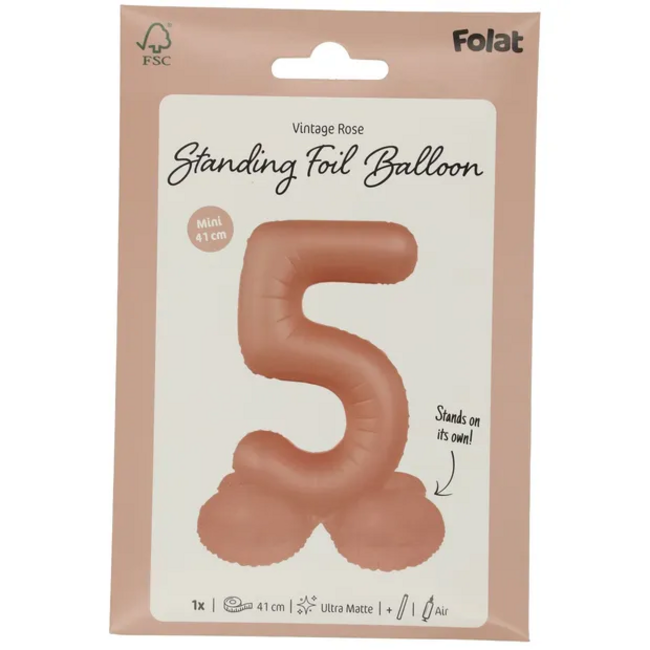 Staande Folieballon Cijfer 5 - Vintage Rose - Ultra Matt - 41 cm