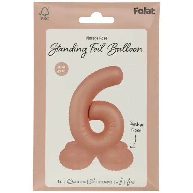 Staande Folieballon Cijfer 6 - Vintage Rose - Ultra Matt - 41 cm