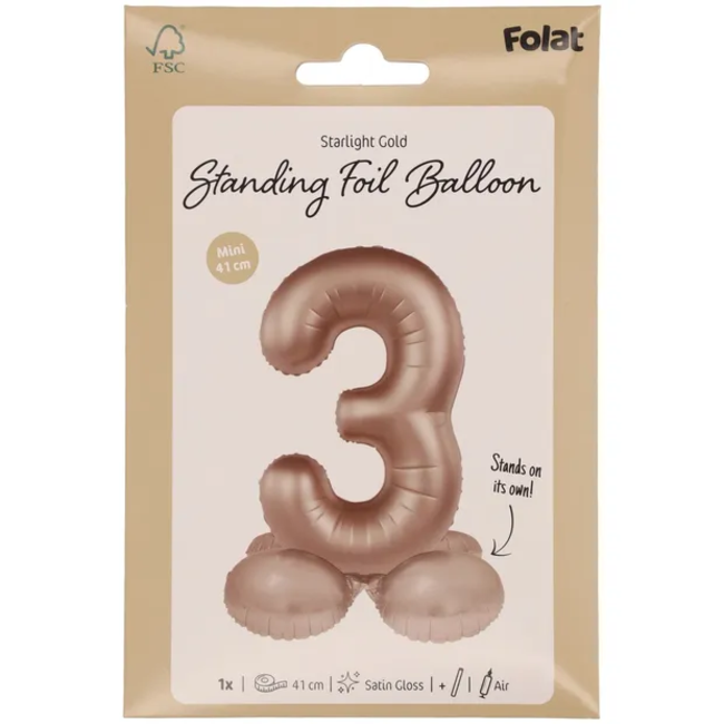 Staande Folieballon Cijfer 3 - Starlight Gold - Satin Gloss - 41 cm