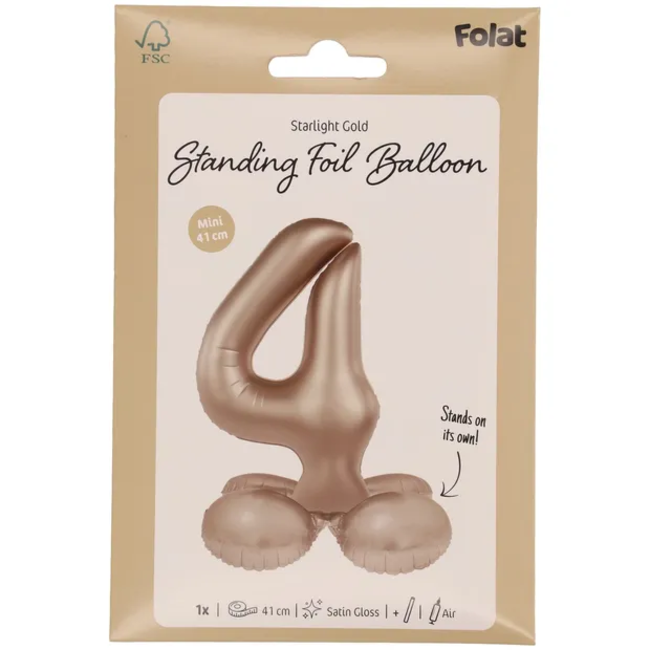 Staande Folieballon Cijfer 4 - Starlight Gold - Satin Gloss - 41 cm