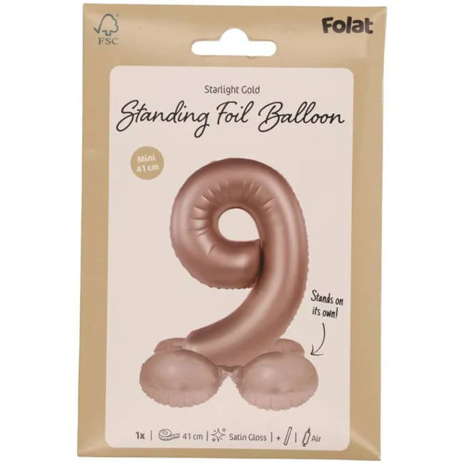 Staande Folieballon Cijfer 9 - Starlight Gold - Satin Gloss - 41 cm