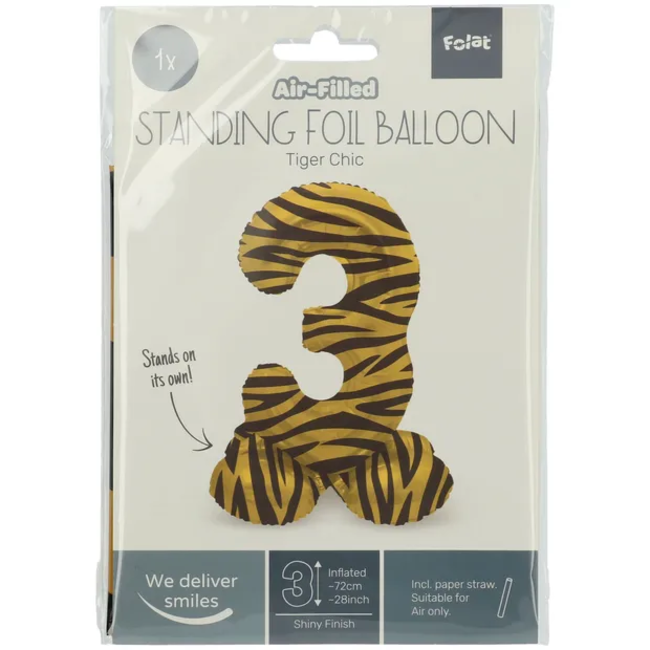 Staande Folieballon Cijfer 3 Tiger Chic - 72 cm