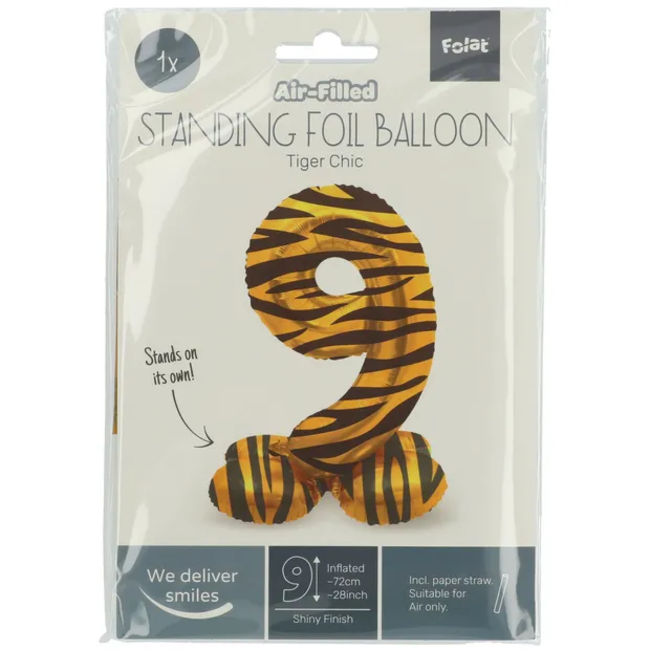 Staande Folieballon Cijfer 9 Tiger Chic - 72 cm