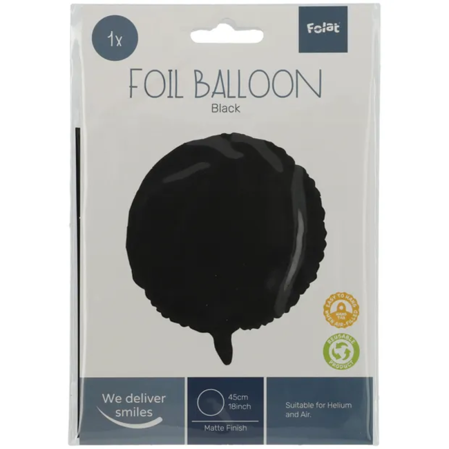 Folieballon Rond Zwart Metallic Mat - 45 cm