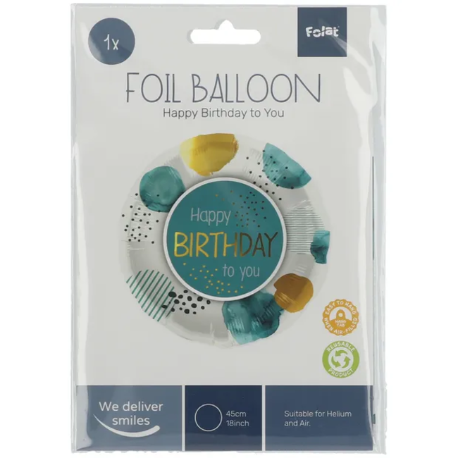 Folieballon Verjaardag Teal/Goud - 45 cm