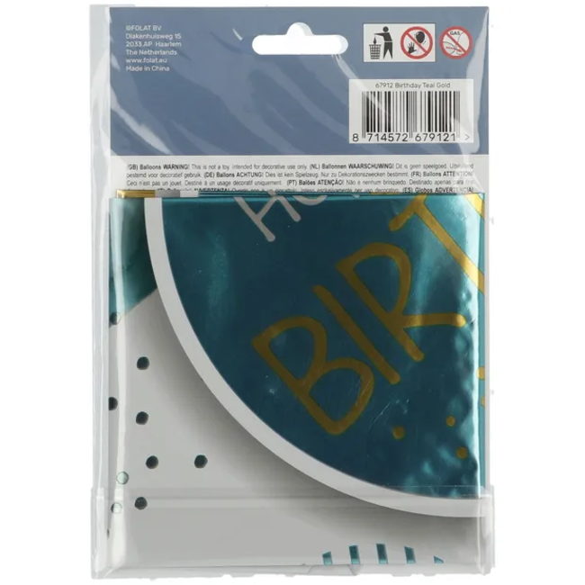 Folieballon Verjaardag Teal/Goud - 45 cm