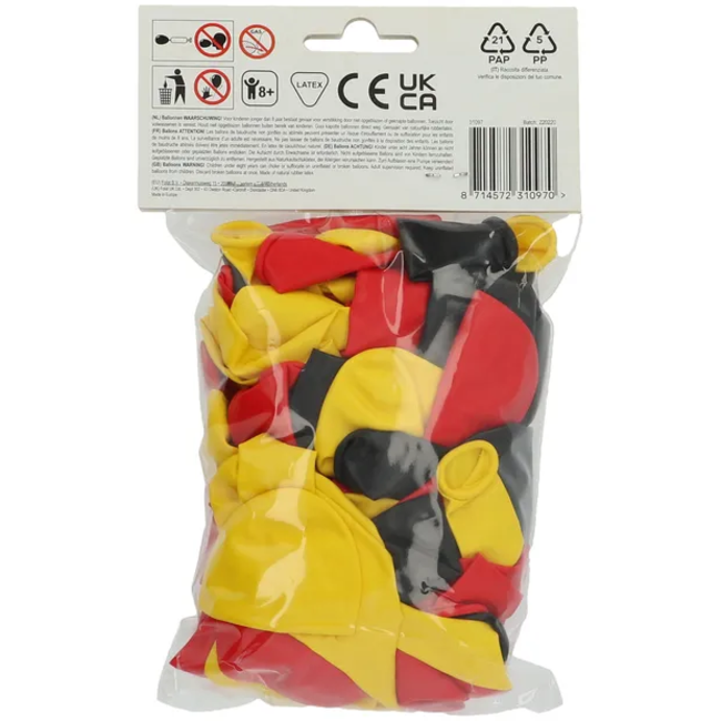 Ballonnen Zwart-Geel-Rood 23cm - 50 stuks