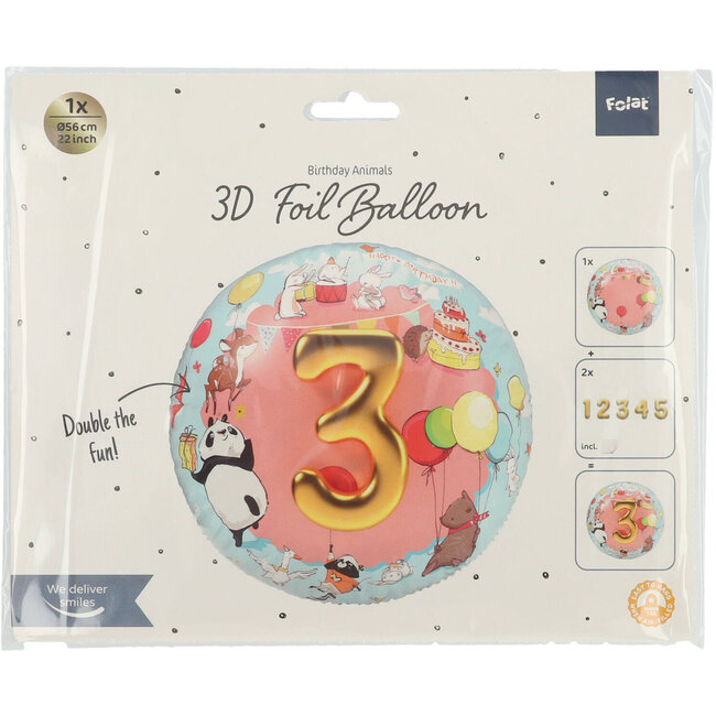 Folieballon 3D Dieren Cijfers 1-5 - 56 cm