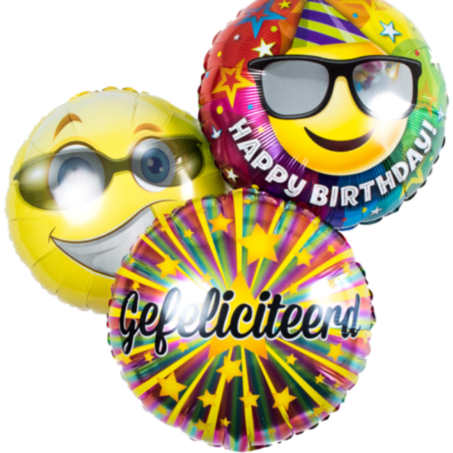 Boeket Folieballonnen - Smiley "Happy Birthday " - 3 stuks