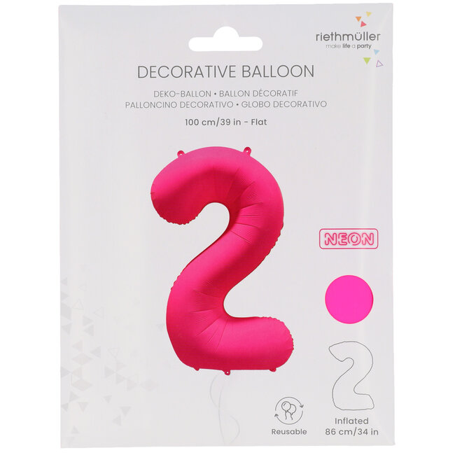 Folieballon cijfer 2 - Neon Roze - 86 cm