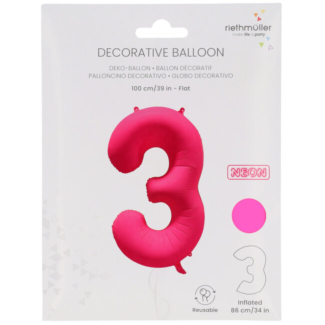 Folieballon cijfer 3 - Neon Roze - 86 cm