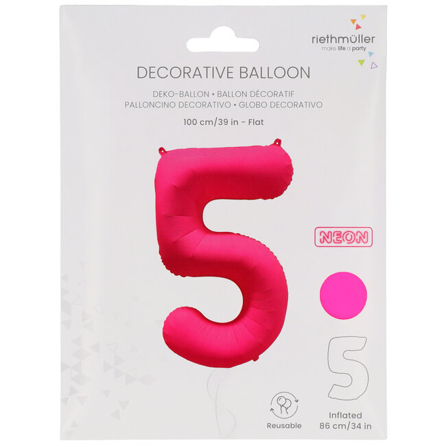 Folieballon cijfer 5 - Neon Roze - 86 cm