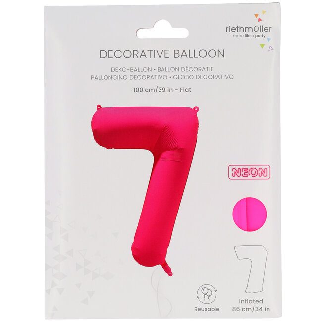 Folieballon cijfer 7 - Neon Roze - 86 cm