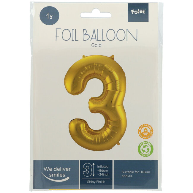 Folieballon 3 jaar - Goud - 86 cm