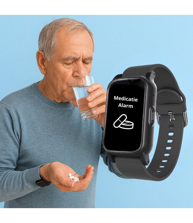 PersonalClick PersonalClick PC45 Smal - Alarm Horloge Ouderen - Valdetectie- Waterdicht- SOS Knop - Extra smal en lange accuduur - Zwart