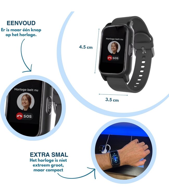 PersonalClick PersonalClick PC45 Smal - Alarm Horloge Ouderen - Valdetectie- Waterdicht- SOS Knop - Extra smal en lange accuduur - Zwart