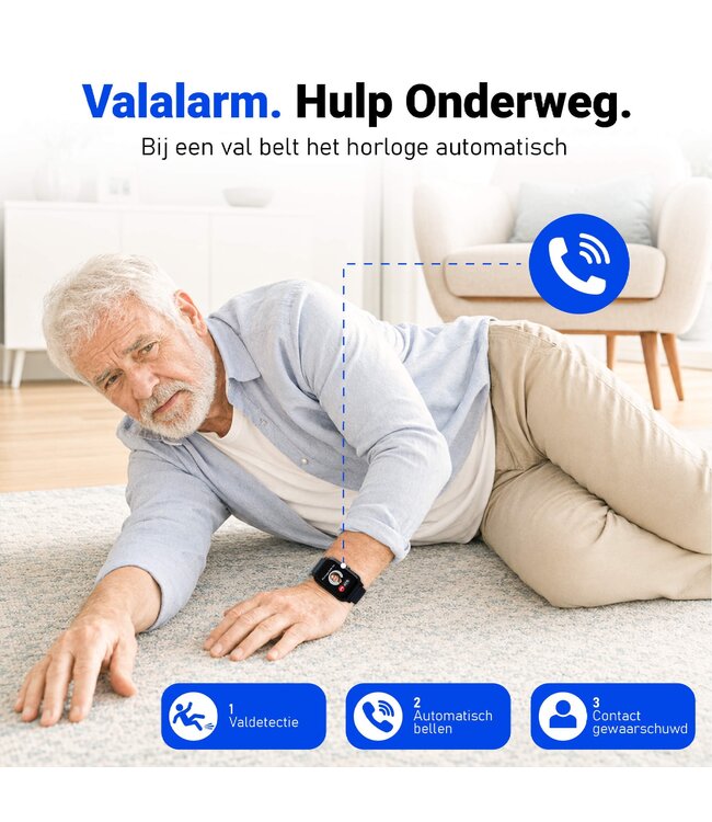 PersonalClick PersonalClick PC45 Smal - Alarm Horloge Ouderen - Valdetectie- Waterdicht- SOS Knop - Extra smal en lange accuduur - Rood
