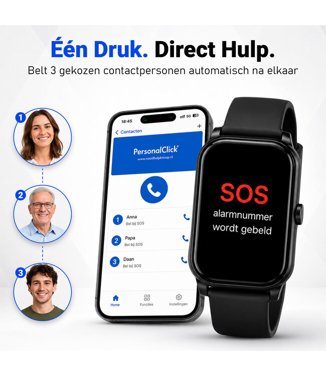 PersonalClick PersonalClick PC45 Smal - Alarm Horloge Ouderen - Valdetectie- Waterdicht- SOS Knop - Extra smal en lange accuduur - Zwart