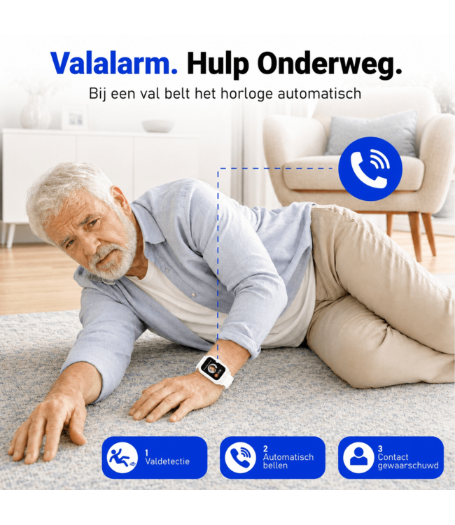 PersonalClick PersonalClick PC45 Smal - Alarm Horloge Ouderen - Valdetectie- Waterdicht- SOS Knop - Extra smal en lange accuduur - Wit
