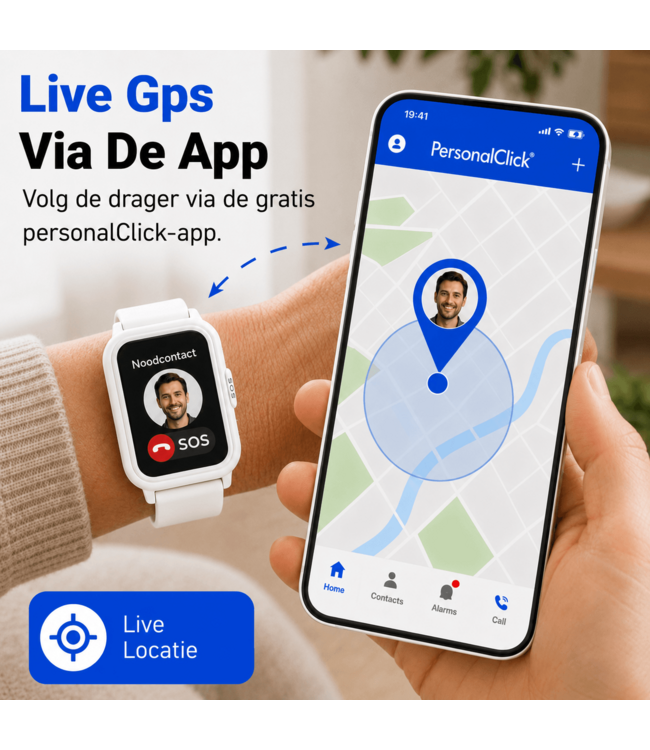 PersonalClick PersonalClick PC45 Smal - Alarm Horloge Ouderen - Valdetectie- Waterdicht- SOS Knop - Extra smal en lange accuduur - Wit