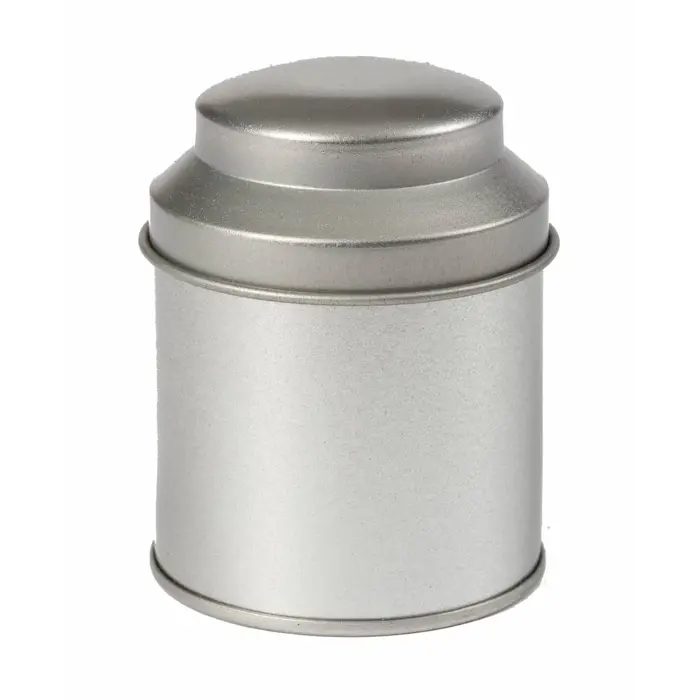 Theeblikje zilver rond 53 x 70mm