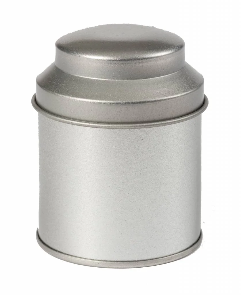 Thee/Kruidenblik zilver rond 53 x 70mm
