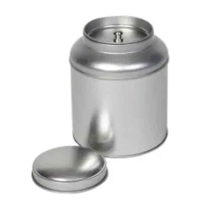 Thee/Kruidenblik rond zilver met binnendeksel 90x115mm