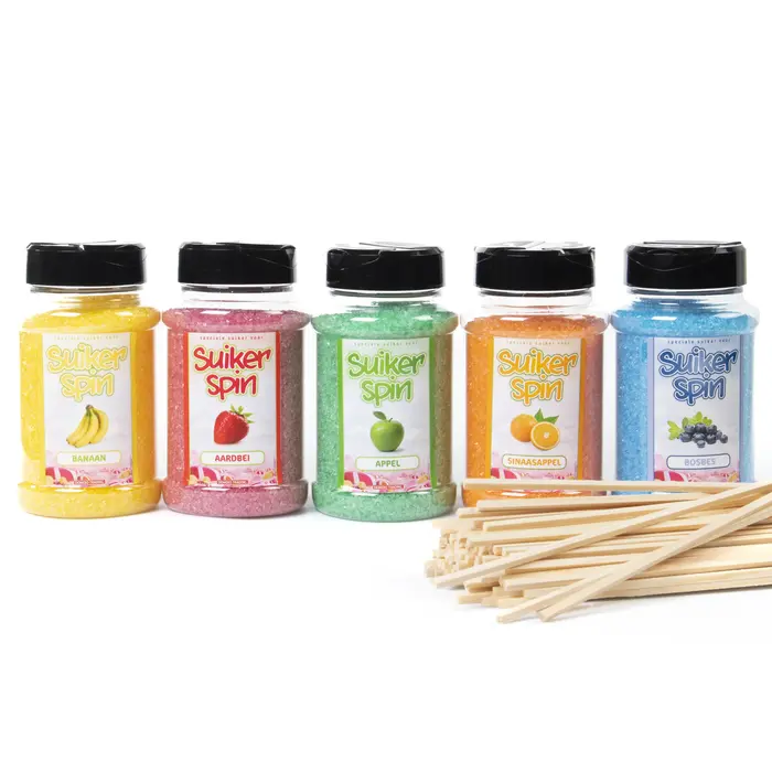 Suikerspinsuiker fruitmix NR. 4 in 5 strooibussen a 400 gram incl. ±100 stokjes