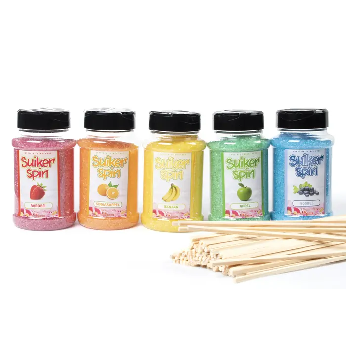 Suikerspinsuiker fruitmix NR. 4 in 5 strooibussen a 400 gram incl. ±100 stokjes