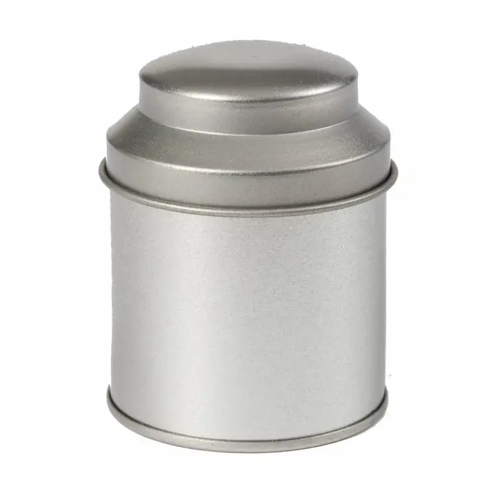 Theeblikje zilver rond 53 x 70mm