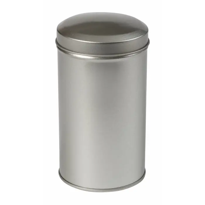 Theeblikje zilver rond 65x118mm